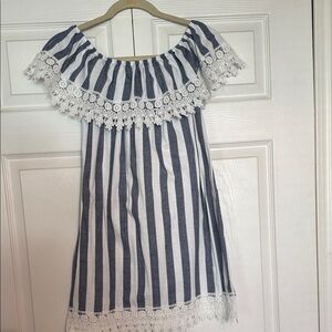 Girls Navy & White Striped Off-Shoulder Dress with Lace Detail